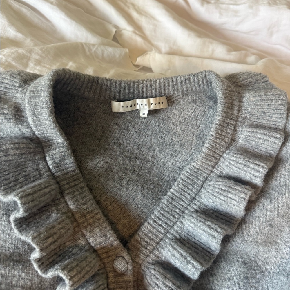 Grey Ruffle-Trim V-Neck Button Sweater - Picture 3 of 3